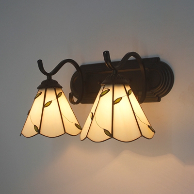 Bedroom Hallway Cone Wall Light with Leaf Glass 2 Lights Rustic Style White Sconce Light