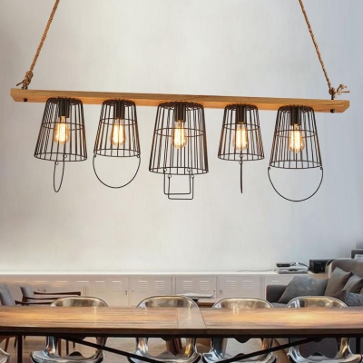 Bucket Shade Dining Room Island Light Metal Wood 5 Lights Industrial Pendant Light for Shop Bar