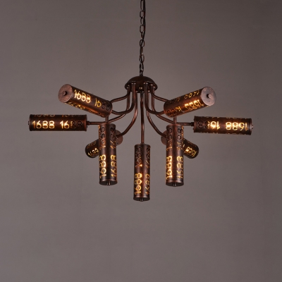 Cylinder Chandelier Light 9 Lights Industrial Metal Hanging Light in Bronze for Kitchen