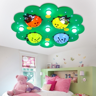 Decorative Green LED Ceiling Light Fixture Kindergarten Ladybug Pattern Wood Ceiling Light