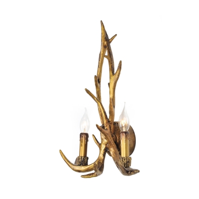 Deer Horn Living Room Sconce Wall Light Metal 2 Lights Rustic Style Wall Lamp in Brass