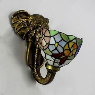 Dome Shade Wall Light with Elephant 1 Light Tiffany Style Rustic Stained Glass Wall Sconce for Hotel