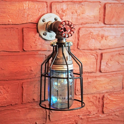 Industrial Sconce Light with Wire Cage Single Light Metal and Clear/Blue Glass Wall Lamp for Restaurant