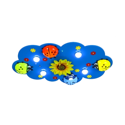 Ladybug Sunflower Pattern Light Fixture Wood Blue LED Flush Mount Light for Girl Boy Room