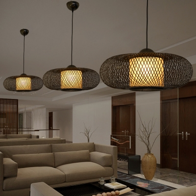Oval LED Ceiling Light Single Light Bamboo Antique Pendant Light for Living Room Dining Room