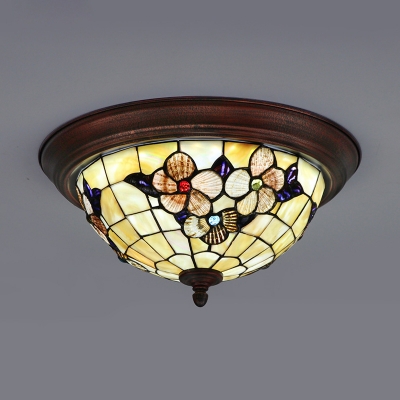 Restaurant Dome Ceiling Lamp Stained Glass Vintage Style Flower Flush Ceiling Light
