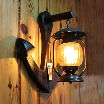 Rust Kerosene Hanging Lamp Outdoor Single Light Swirl Glass Sconce Wall Light with Anchor