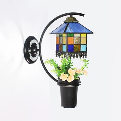 Rustic Style House Shape Wall Lamp Glass and Metal Colorful Sconce Light with Flower Decoration for Balcony