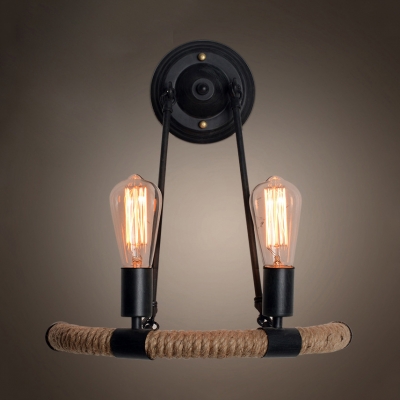Rustic Style Open Bulb Wall Lamp Metal and Rope 2 Lights Black Wall Sconce Light for Restaurant Bar