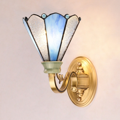 Stained Glass Cone Wall Light Bedroom Single Light Tiffany Style Sconce Light in Blue and White