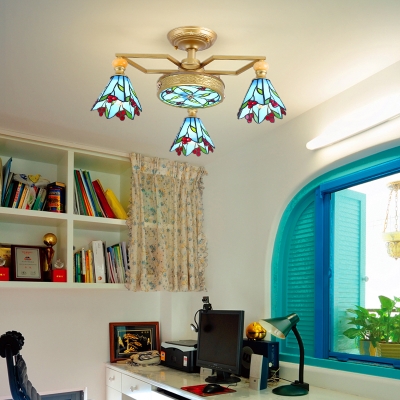 Stained Glass Flower Semi Flush Light Living Room 4/6/7 Lights Tiffany Style Ceiling Light