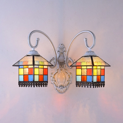 Stained Glass House Sconce Light Double Lights Tiffany Style Antique Wall Light for Hotel