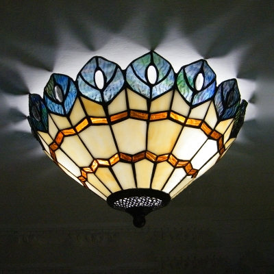 Stained Glass Peacock Tail Flush Light Dining Room 2 Lights Tiffany