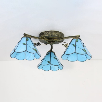 Tiffany Cone Semi Flush Ceiling Light 3 Lights White/Beige/Blue/Clear Glass Light Fixture for Bedroom