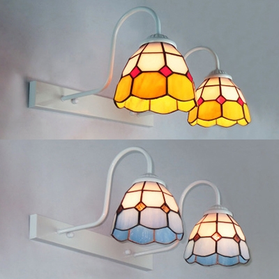 Tiffany Style Dome Wall Sconce 2 Lights Stained Glass Sconce Light in Blue/Yellow for Bathroom