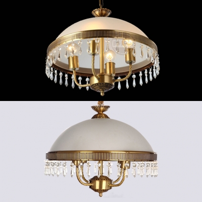 Vintage Style Domed Shape Chandelier Frosted Glass 4 Lights Pendant Light with Crystal Decoration for Bedroom