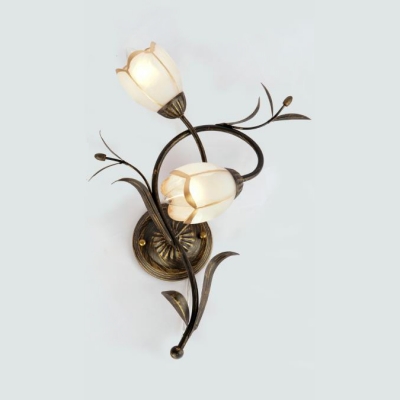 White Flower Wall Light Metal Frosted Glass 2 Lights Antique Style Sconce Light for Bedroom Bathroom