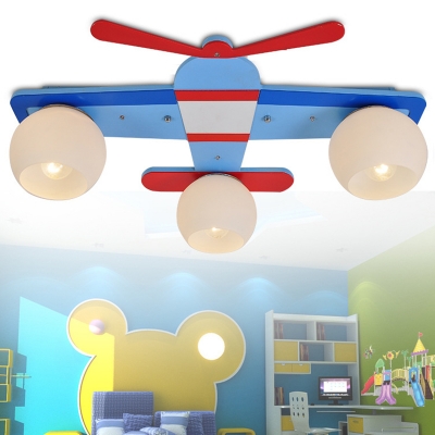 Wood Frosted Glass Ceiling Mount Light Globe Shade Cartoon Plane LED Flush Mount Light for Girl Boy Room