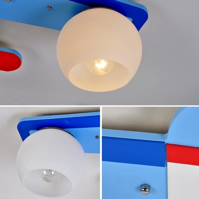 Wood Frosted Glass Ceiling Mount Light Globe Shade Cartoon Plane LED Flush Mount Light for Girl Boy Room