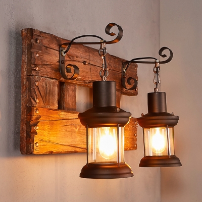 Wooden Base Sconce Light with Lantern 2 Lights Rustic Wall Light in Black for Bar