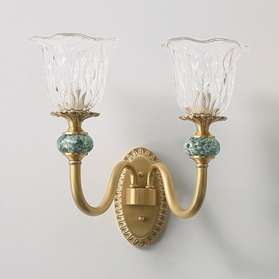 1/2 Lights Petal Shade Wall Lamp Antique Style Clear Glass Sconce Lamp in Brass for Hotel Cafe