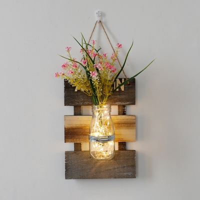Rustic Style String Light with Flower and Bottle Clear Glass and Wood Sting Lamp for Bedroom Hallway