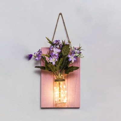 Beautiful Twinkle Light with Flower Decoration and Clear Bottle Wood and Glass String Light for Front Door