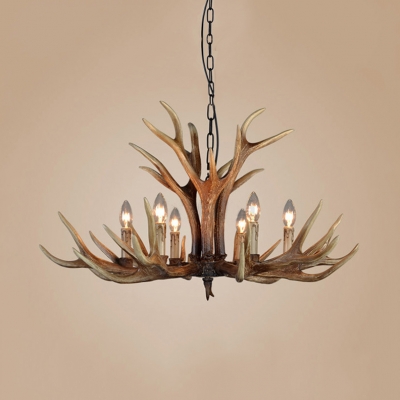 6/8/12 Lights Candle Shape Chandelier with Antlers Antique Style Resin Hanging Light for Restaurant