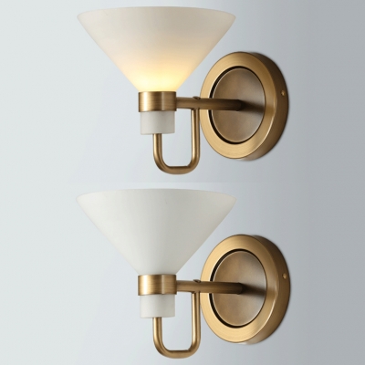Bedroom Study Room Conical Wall Lamp Frosted Glass 1 Light Contemporary Brass Sconce Light