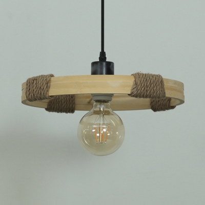 Beige Round Pendant Lighting Single Light Industrial Wood and Rope Hanging Light for Kitchen