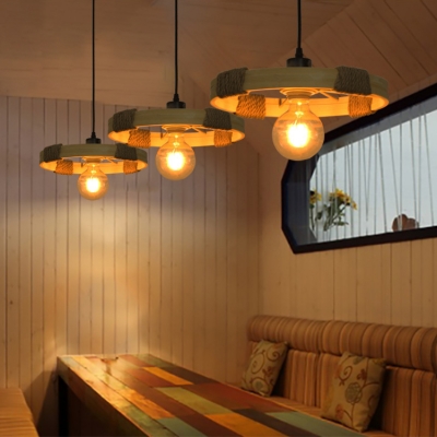 Beige Round Pendant Lighting Single Light Industrial Wood and Rope Hanging Light for Kitchen