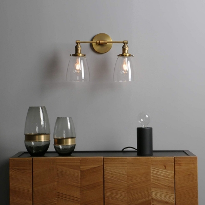 Bell Shape Wall Light Metal and Clear Glass 2 Light Industrial Wall Lamp in Brass for Dining Room Bathroom