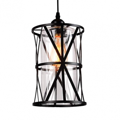 Clear Glass Cylinder Pendant Light with Black Metal Frame One Light Industrial Hanging Ceiling Light