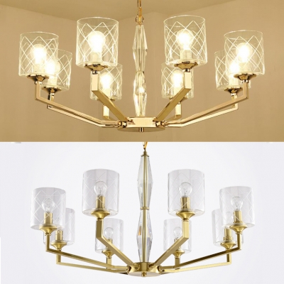 Cylinder Bedroom Pendant Lamp Metal and Glass 6/8 Lights Elegant Style Chandelier in Brass