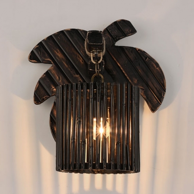 Cylinder Wall Light in Rustic Style Bamboo Hanging Wall Sconce in Black with Leaf Backplate for Hallway