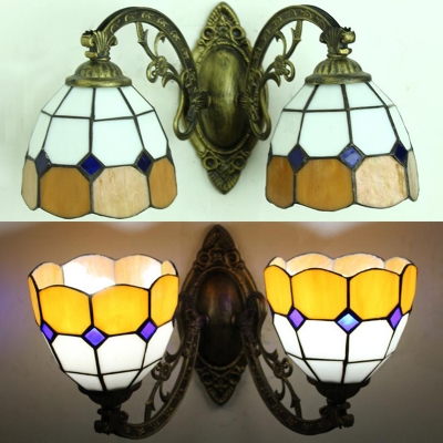Dome Shade Wall Sconce 2 Lights Tiffany Style Antique Stained Glass Wall Light for Bathroom