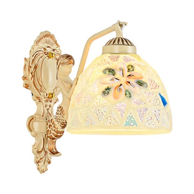 Domed Shape Wall Sconce with Mermaid Decoration Resin and Glass Tiffany Style Wall Light for Hallway