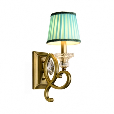 Fabric and Metal Wall Sconce 1 Light Blue Tapered Shade Traditional Wall Lamp for Restaurant Shop