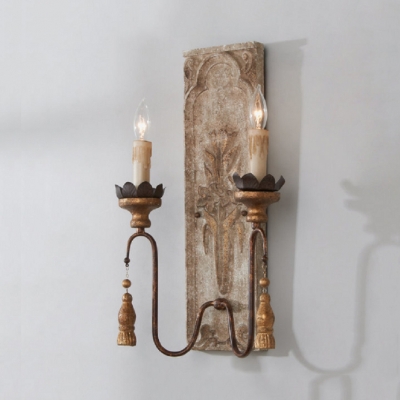 Hallway Stair Candle Shape Light Fixture Metal Wood 2 Lights Antique Style Sconce Light