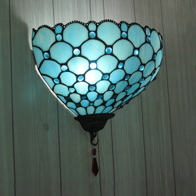 Frosted Glass Sconce Light with Jewelry Decoration Tiffany Style Wall Light in Blue for Kitchen