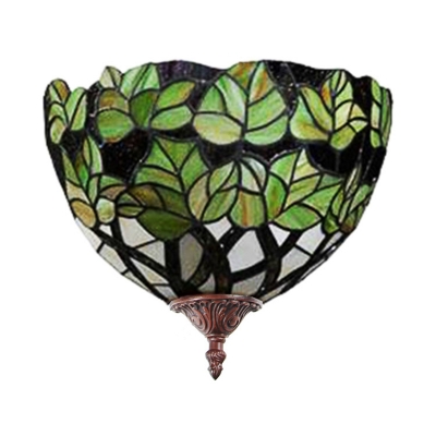 Tiffany Style Rustic Wall Light 1 Light Green Leaf Stained Glass Sconce Light for Bedroom