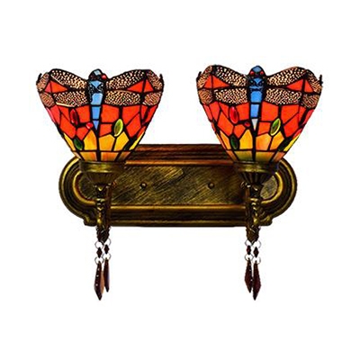 Living Room Dragonfly Sconce Light Stained Glass 2 Lights Tiffany Style Rustic Wall Lamp
