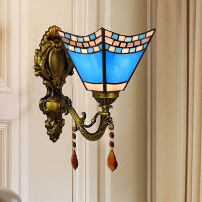 Mediterranean Style Cone Wall Light Stained Glass 1 Light Blue Wall Lamp with Crystal for Hallway