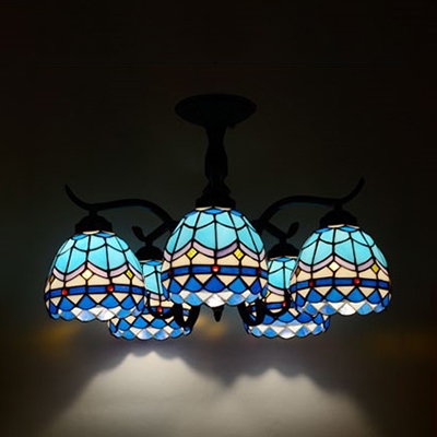 Restaurant Tiffany Style Ceiling Fixture Glass 5 Lights Leaf/Blue/Baroque/Rose Semi Ceiling Mount Light