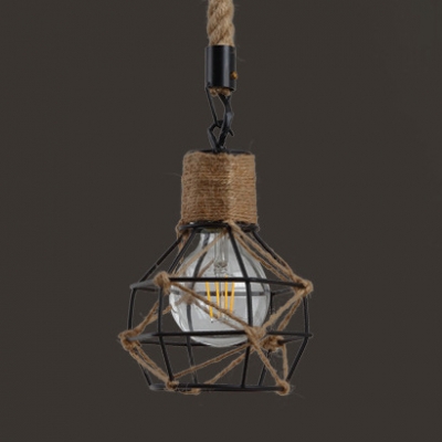 Rope Wire Cage Pendant Light Dining Room Kitchen Single Light Rustic Style Hanging Light in Beige