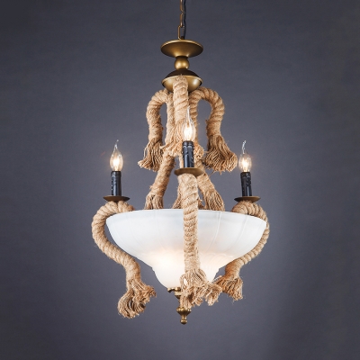 Rustic Style Candle Chandelier with Rope 6 Lights Marble Suspension Light in White for Bar