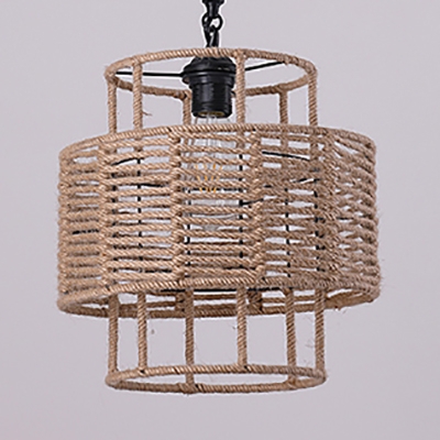 Single Light Drum Shape Hanging Lamp Vintage Style Rope Ceiling Pendant in Beige for Living Room