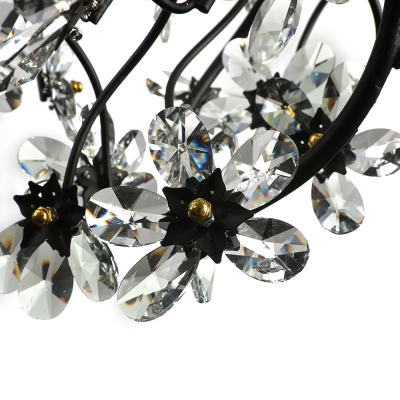 Sparkling Clear Crystal Floral and Swirled Branches Frame Black Wrought Iron Chandelier