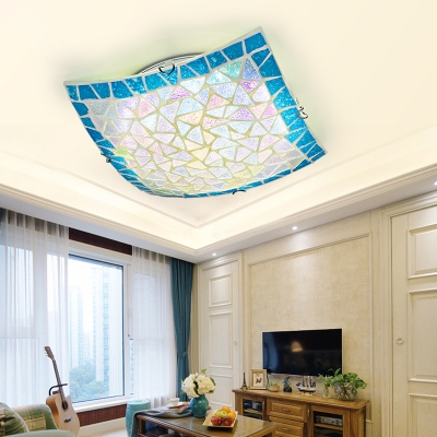 Square Bedroom Ceiling Mount Light Stained Glass Mediterranean Style Flush Ceiling Light