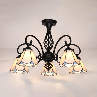 Stained Glass Cone Semi Flush Mount Light 5 Lights Tiffany Style Ceiling Lamp in White/Blue/Yellow/Beige